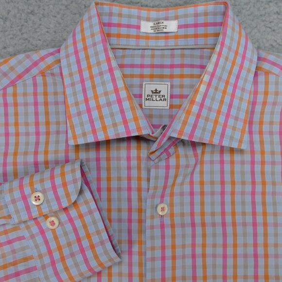 Peter Millar Shirt Mens Large Pink Orange Plaid Button Up Long Sleeve - Picture 1 of 16